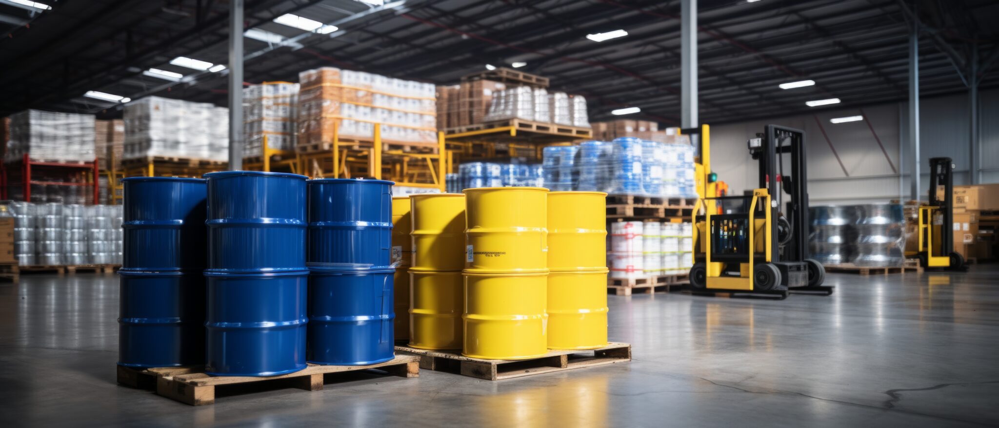 a big warehouse is full of blue barrels.